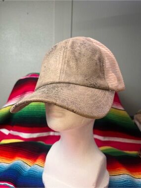 Beige Mesh-Back Baseball Cap with Faux Leather-Look Front with Criss Cross back